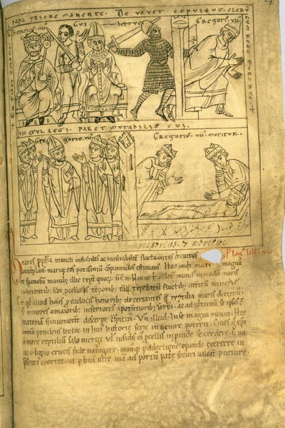 Seite aus Otto von Freisings "Weltchronik". Sie zeigt die Flucht Gregors VII. aus Rom im Jahr 1084 sowie Exil und Tod in Salerno aus 1085. Foto: Wikipedia/gemeinfrei